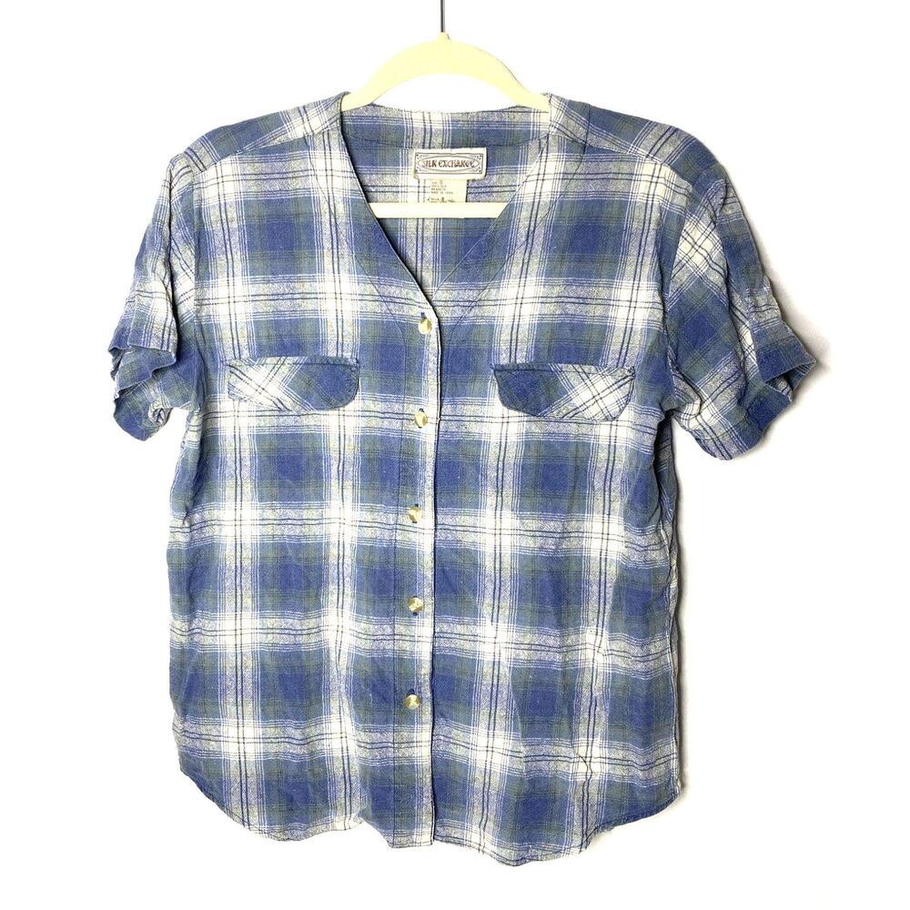 VTG Silk Exchange Blue Plaid Button Up V Neck Short Sleeve Silk Shirt Womens S